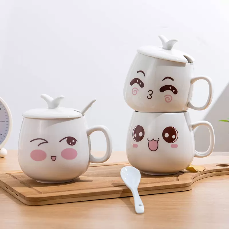 创意个性杯子陶瓷马克杯带盖勺潮流情侣喝水杯家用咖啡杯表情水杯