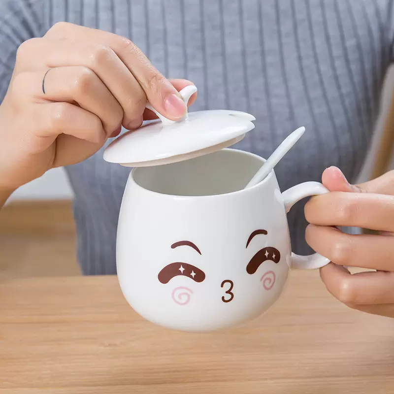 创意个性杯子陶瓷马克杯带盖勺潮流情侣喝水杯家用咖啡杯表情水杯