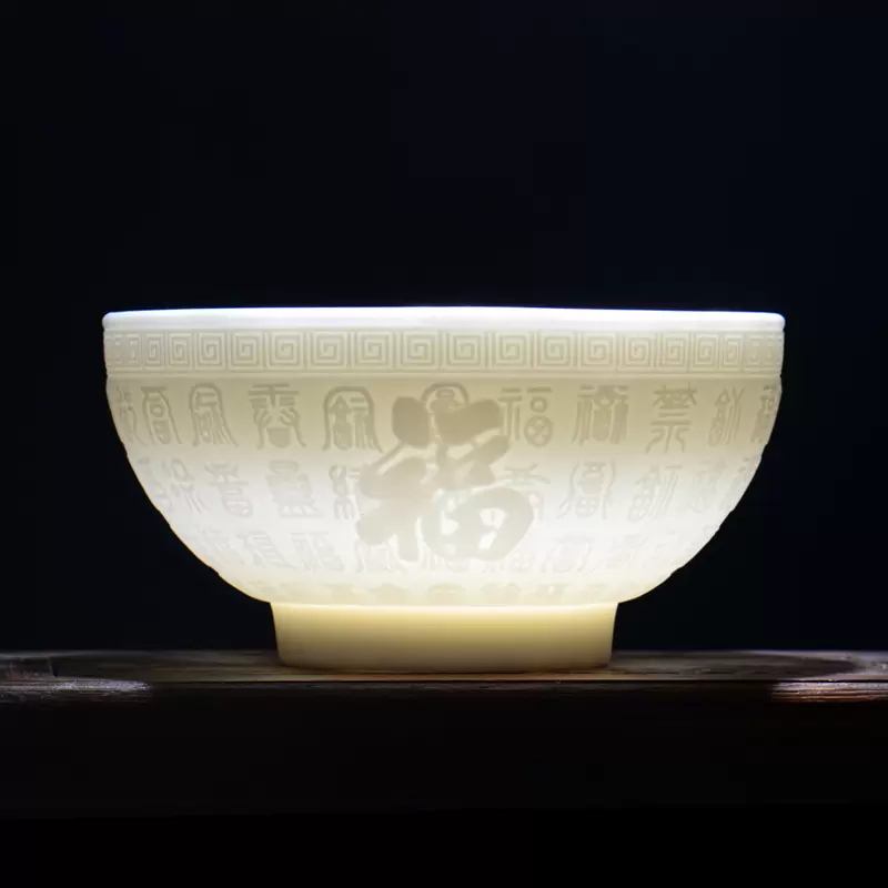 百福碗浮雕德化羊脂玉瓷家用陶瓷餐具汤碗面碗吃饭米饭碗白瓷送礼