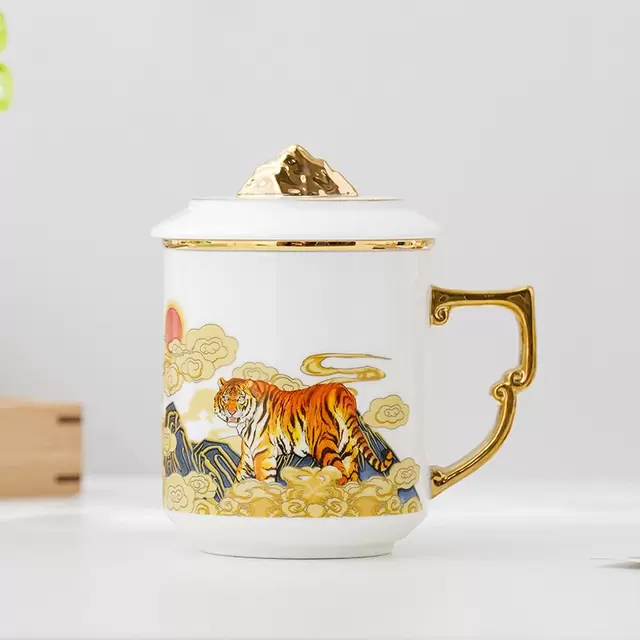 国潮办公杯德化羊脂玉瓷水杯家用带盖含过滤描金泡茶杯陶瓷马克杯