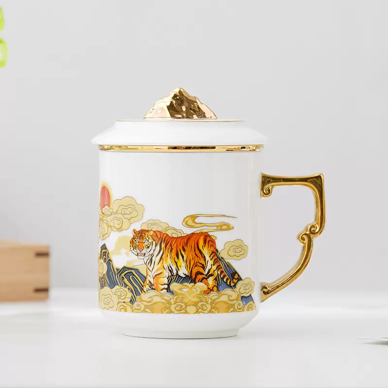 国潮办公杯德化羊脂玉瓷水杯家用带盖含过滤描金泡茶杯陶瓷马克杯