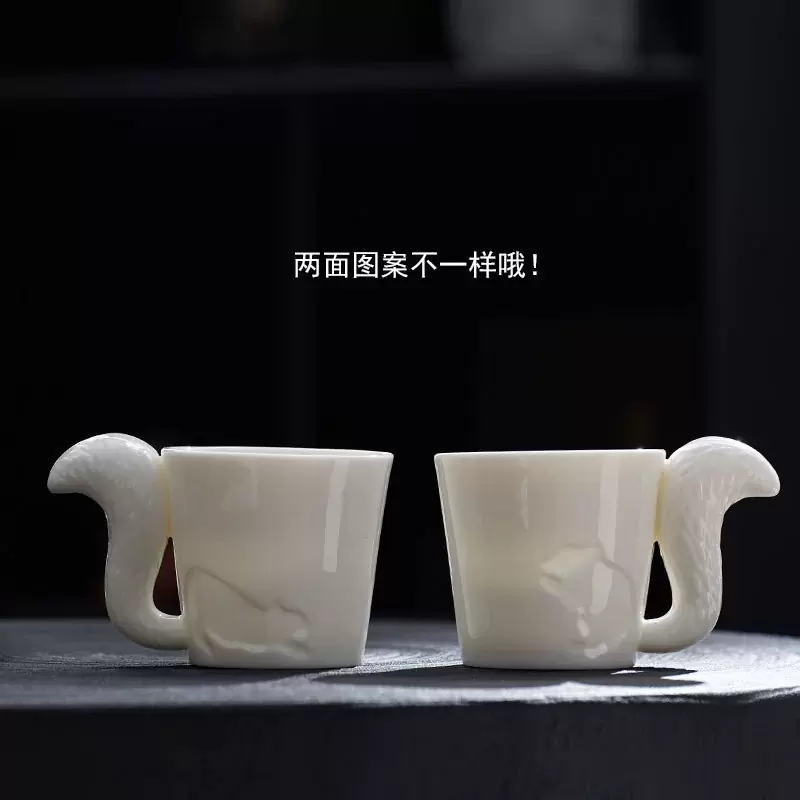 高端羊脂玉瓷松鼠咖啡杯 浮雕工艺马克杯 礼盒装伴手礼 可印 LOGO