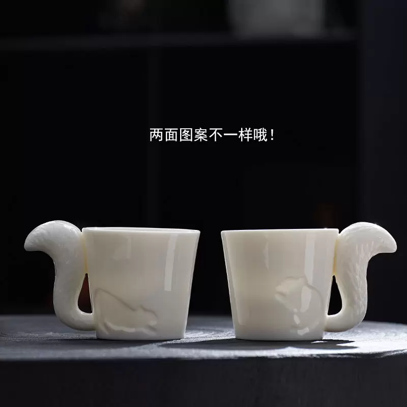 高端羊脂玉瓷松鼠咖啡杯 浮雕工艺马克杯 礼盒装伴手礼 可印 LOGO
