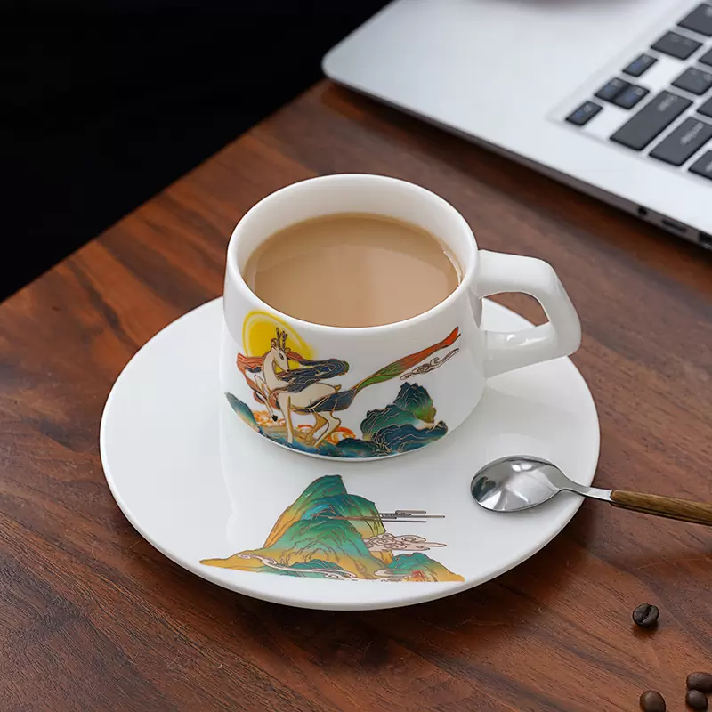 原创羊脂玉陶瓷咖啡杯大容量【一路有你】杯子